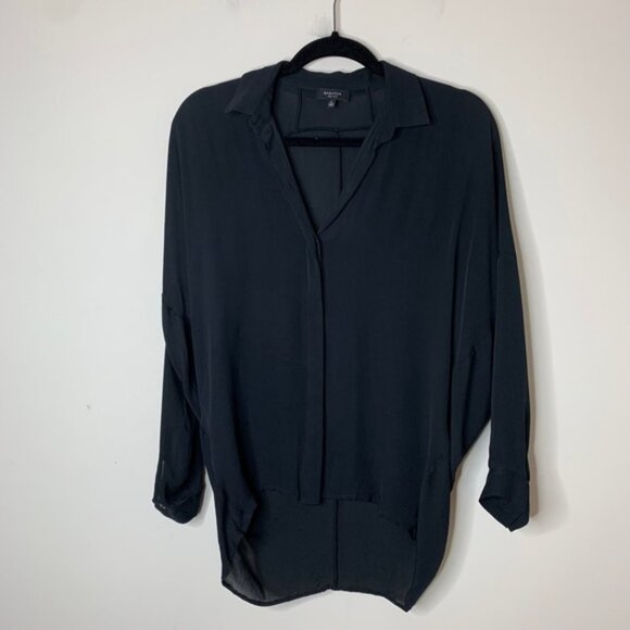 Aritzia Babaton Blouse High Low Hem Silk Button Down Black 3/4 Length Size XS - Picture 3 of 10